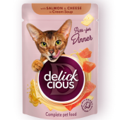 Крем супа за котки DELICKCIOUS Strips with salmon and cheese in cream soup с парченца сьомга и сирене